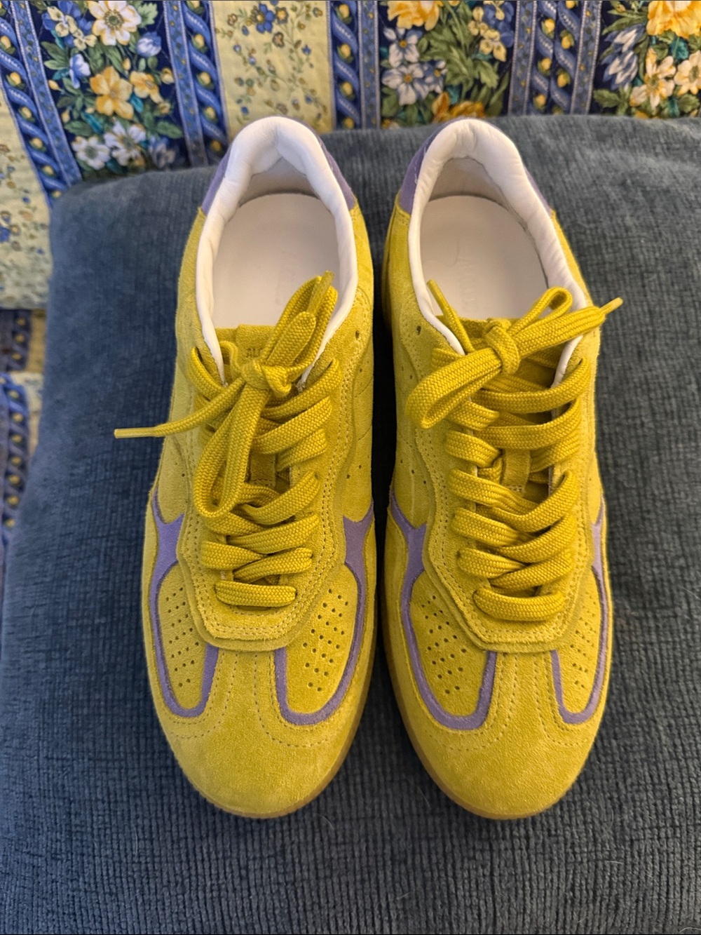 ALOHAS Acid Green Suede Sneakers with Perwinkle Accents